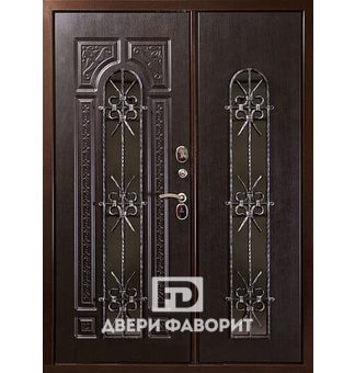 дверь двустворчатая со стеклянными вставками, ковкой и терморазрывом
