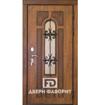 входная дверь в коттедж со стеклом и ковкой