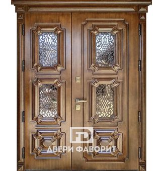 дверь парадная двустворчатая в коттедж с ковкой и стеклянными вставкам