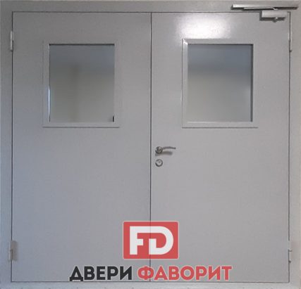 двустворчатая стальная дверь в тамбур, с доводчиком и стеклом - МД-150 - 016