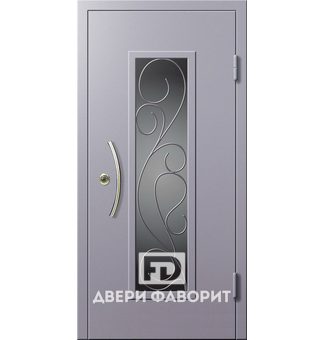 Стальная уличная дверь с ковкой и стеклом